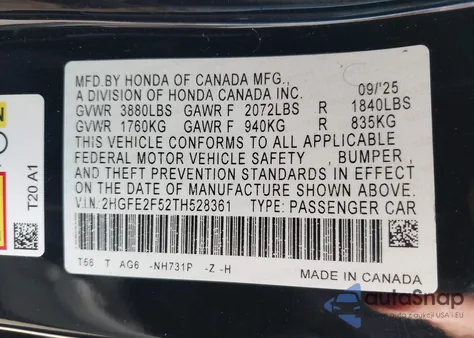 2026 Honda Civic Sport from USA, damaged, VIN 2HGFE2F52TH528361